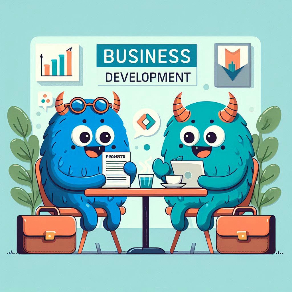 Two cartoon monsters in a business meeting, with one typing on a laptop and the other holding a coffee cup, under a sign that reads “BUSINESS DEVELOPMENT.”