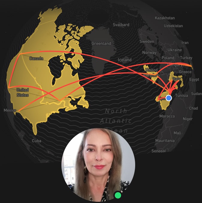 A red line traverses a gold world map on a black background, indicating a journey across various destination points.