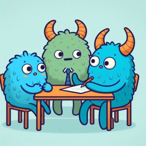 Three colorful cartoon monsters with briefcases sit at a table. One holds a piece of paper, and the other sips from a mug. They appear engaged in conversation against a blue background, embodying the collaborative spirit of Marcia Berlanga Robinson Coaching.