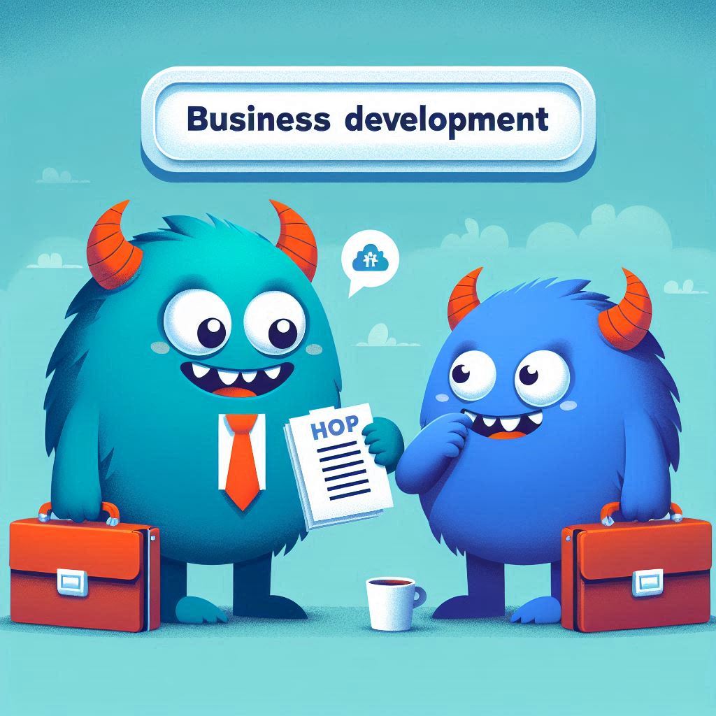 Two cartoon monsters in a business setting, with the left one holding a briefcase and a document labeled “HOP” and the right one holding a coffee cup. Above them is a speech bubble with the text “Business development.”